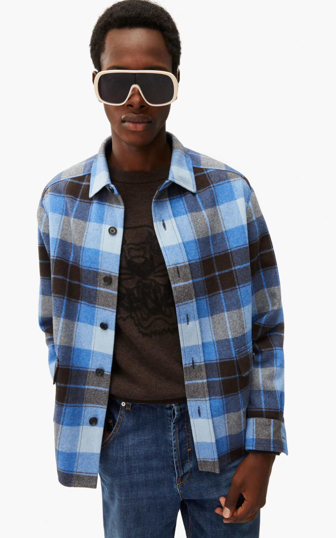 Kenzo Checked wool Shirt Blue For Mens 6548MYHGE